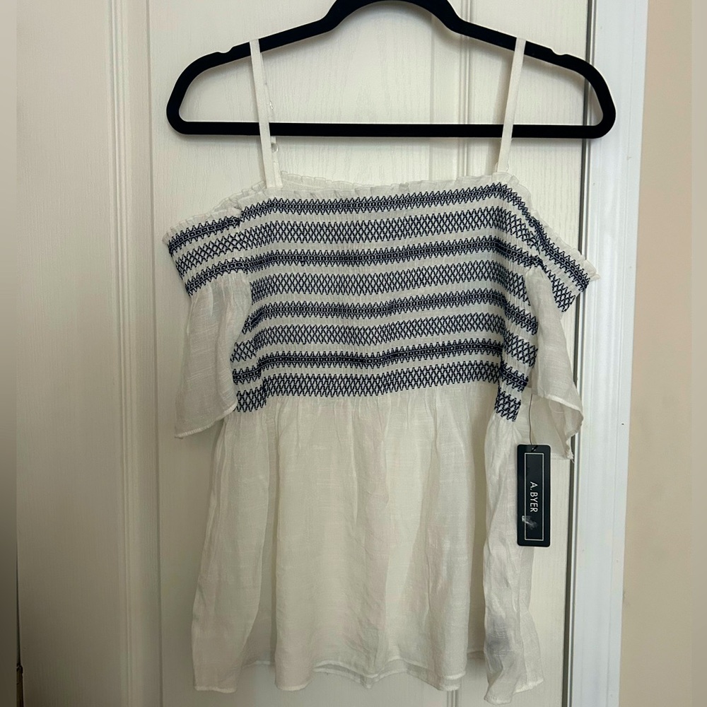 A. Byer White Top with Navy Zigzag Smocking